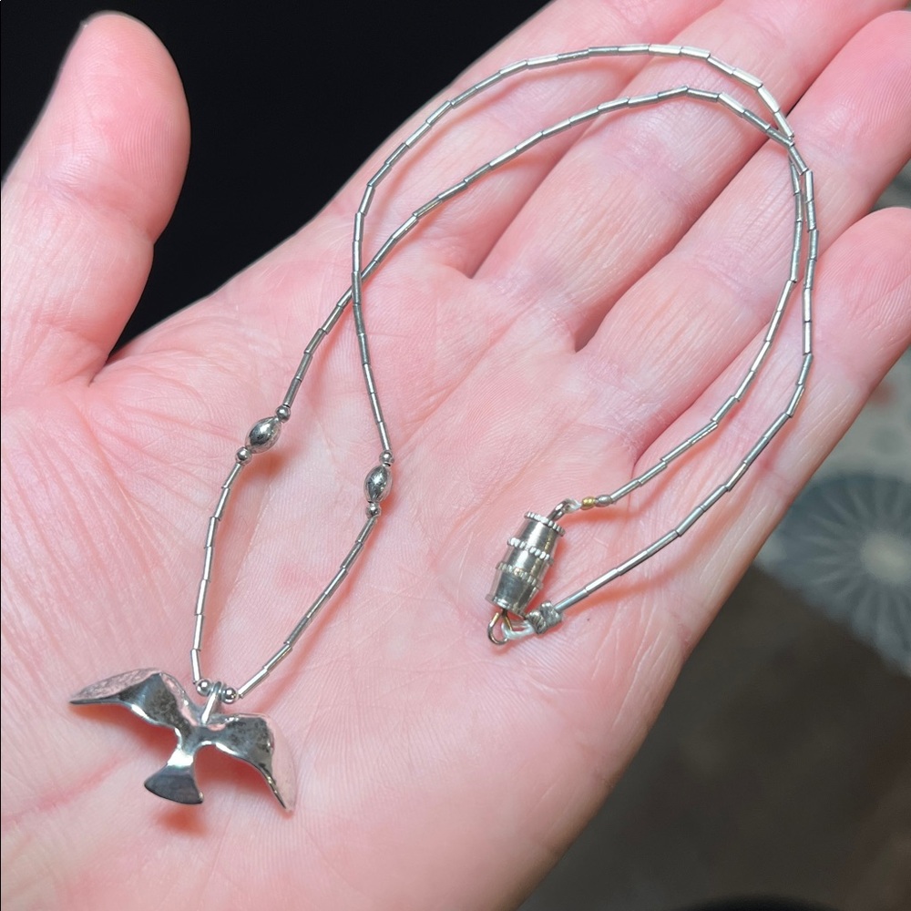 VTG Zuni Native American Handmade Bird Fetish Sterling Silver Choker Necklace